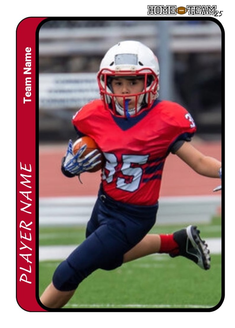 May include: Football trading card featuring a young player in a red jersey with the number 35, navy blue pants, and a white helmet. The card has a red border with the text "Team Name" and "Player Name". The words "HOME TEAM" are at the top.