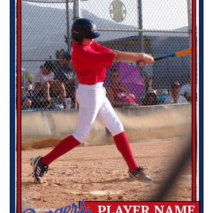 May include: Baseball card featuring a baseball player in a red shirt, white pants, and red socks swinging a bat. The card has a red, white, and blue border with the text "HOME TEAM" and "Rangers" at the top and bottom.