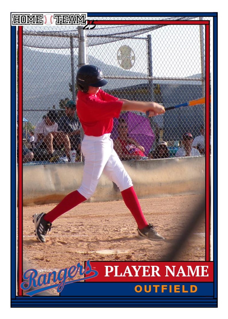 May include: Baseball card featuring a baseball player in a red shirt, white pants, and red socks swinging a bat. The card has a red, white, and blue border with the text "HOME TEAM" and "Rangers" at the top and bottom.