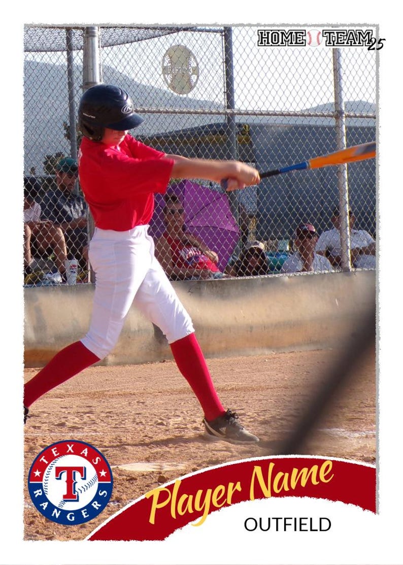 May include: Baseball action shot featuring a batter in a red jersey, white pants, and red socks. The batter swings a bat with blue and orange accents. The image includes a team logo and the words "Player Name" and "Outfield".