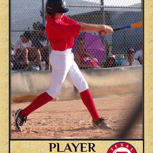 May include: Baseball player in a red shirt, white pants, and red socks swings a bat. The image includes the text "HOME TEAM" and "PLAYER NAME" with "SALEM RANGERS" below. A Texas Rangers logo is also visible.