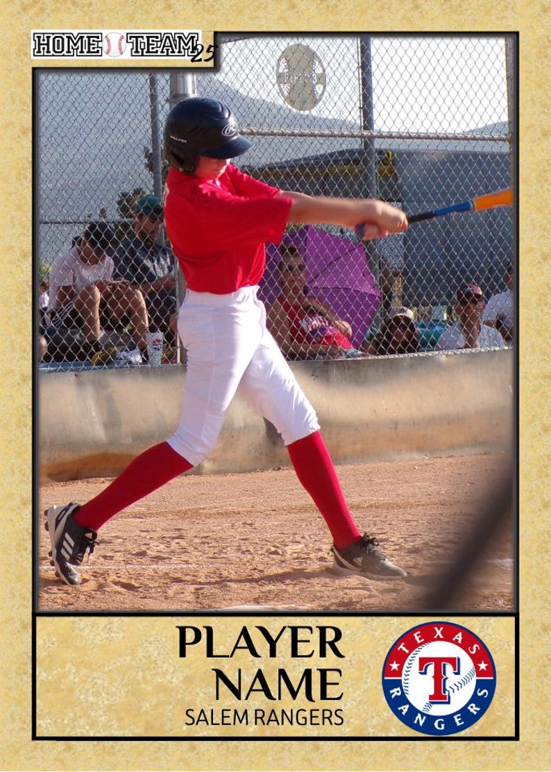 May include: Baseball player in a red shirt, white pants, and red socks swings a bat. The image includes the text "HOME TEAM" and "PLAYER NAME" with "SALEM RANGERS" below. A Texas Rangers logo is also visible.