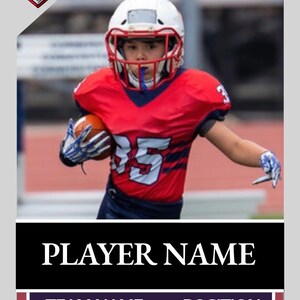 May include: Football trading card featuring a young player in a red and blue uniform, white helmet, and holding a football. The card includes the text "PLAYER NAME," "TEAM NAME," and "POSITION," along with a team logo and the words "HOME TEAM."