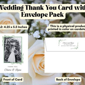 May include: A wedding thank you card with envelope pack. The card is A2 size, 4.25 x 5.5 inches, and features a black and white photo of a couple. The envelope back has the couple's names and address. The text reads "Wedding Thank You Card with Envelope Pack."