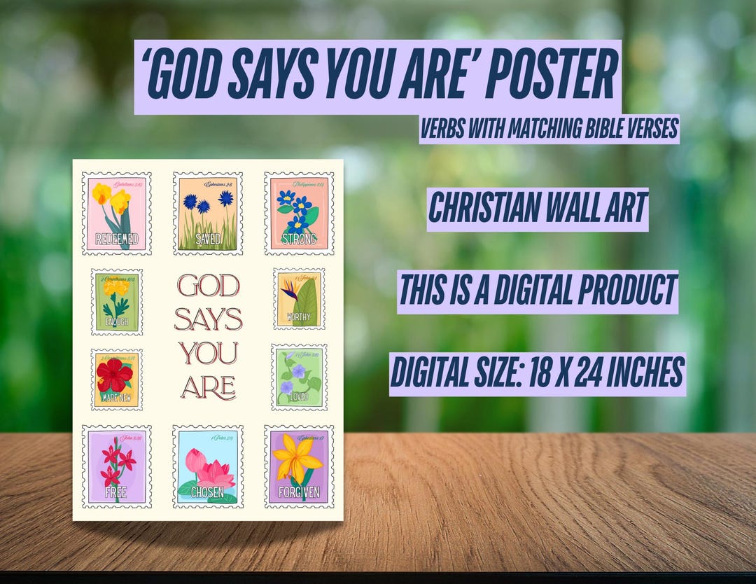 God Says You Are Christian Wall Art, Bible Verse Stamp Flower Poster ...