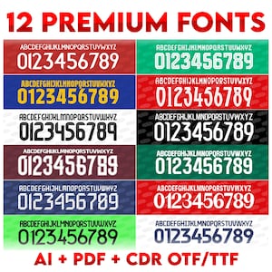 Può includere: Grafica che mostra 12 font premium. Ogni font mostra l'alfabeto e i numeri 0-9 in vari stili e colori. Il testo "12 PREMIUM FONTS" è in alto, con "AI + PDF + CDR OTF/TTF" in basso.