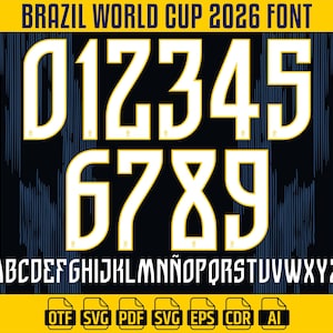 May include: A digital font set for the Brazil World Cup 2026, featuring white numbers and letters with a yellow outline. The design includes the numbers 0-9 and the full alphabet, set against a dark blue background.