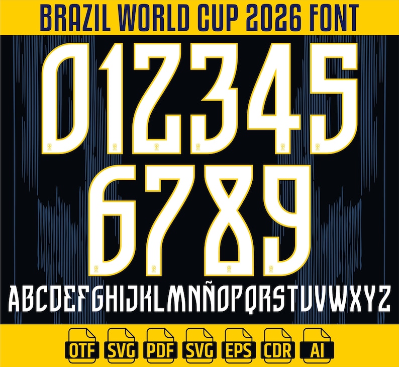 May include: A digital font set for the Brazil World Cup 2026, featuring white numbers and letters with a yellow outline. The design includes the numbers 0-9 and the full alphabet, set against a dark blue background.