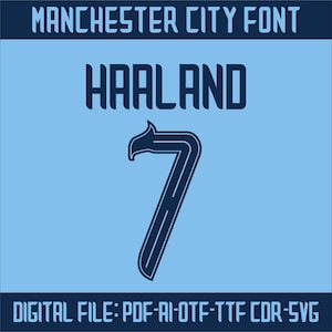 May include: A light blue digital graphic with the text "MANCHESTER CITY FONT" and "HAALAND" in a dark blue font. A dark blue number 7 is centered below the name. The text "DIGITAL FILE: PDF-AI-OTF-TTF CDR-SVG" is at the bottom.