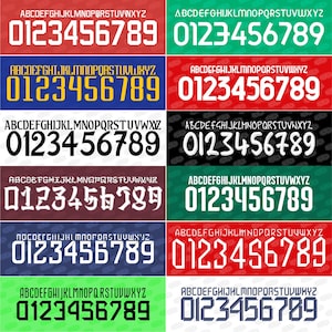 Puede incluir: Una colección de diseños coloridos de números y letras. Cada diseño presenta los números del 0 al 9 y el alfabeto, en varias fuentes y colores, incluyendo rojo, verde, azul y negro.