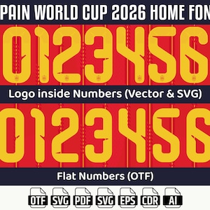 Op de afbeelding: Een afbeelding met de tekst "SPAIN WORLD CUP 2026 HOME FONT" en de cijfers 0 tot en met 6 in een gele lettertype. De cijfers worden twee keer weergegeven, met de tekst "Logo inside Numbers (Vector & SVG)" en "Flat Numbers (OTF)" ertussen. Pictogrammen voor bestandstypen worden hieronder weergegeven.