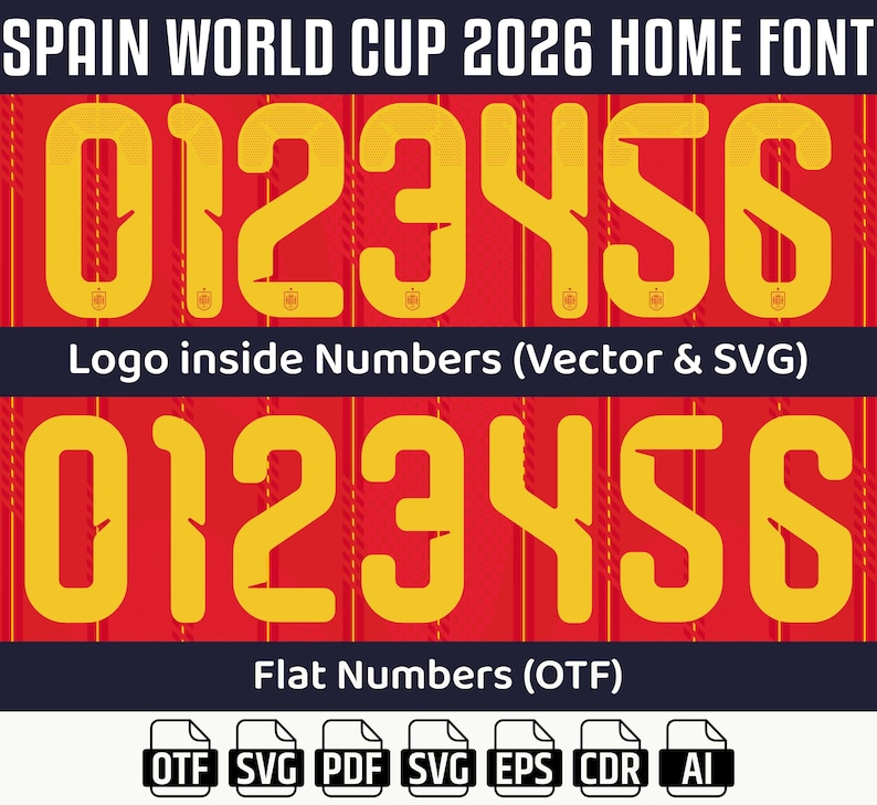 Op de afbeelding: Een afbeelding met de tekst "SPAIN WORLD CUP 2026 HOME FONT" en de cijfers 0 tot en met 6 in een gele lettertype. De cijfers worden twee keer weergegeven, met de tekst "Logo inside Numbers (Vector & SVG)" en "Flat Numbers (OTF)" ertussen. Pictogrammen voor bestandstypen worden hieronder weergegeven.