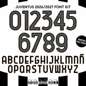 Op de afbeelding: Een digitale lettertypeset getiteld JUVENTUS 2026/2027 FONT KIT met donkergrijze cijfers nul tot en met negen met een klein logo aan de basis, en een volledige set hoofdletters A tot en met Z inclusief de letter ñ in een vet, schreefloos lettertype.