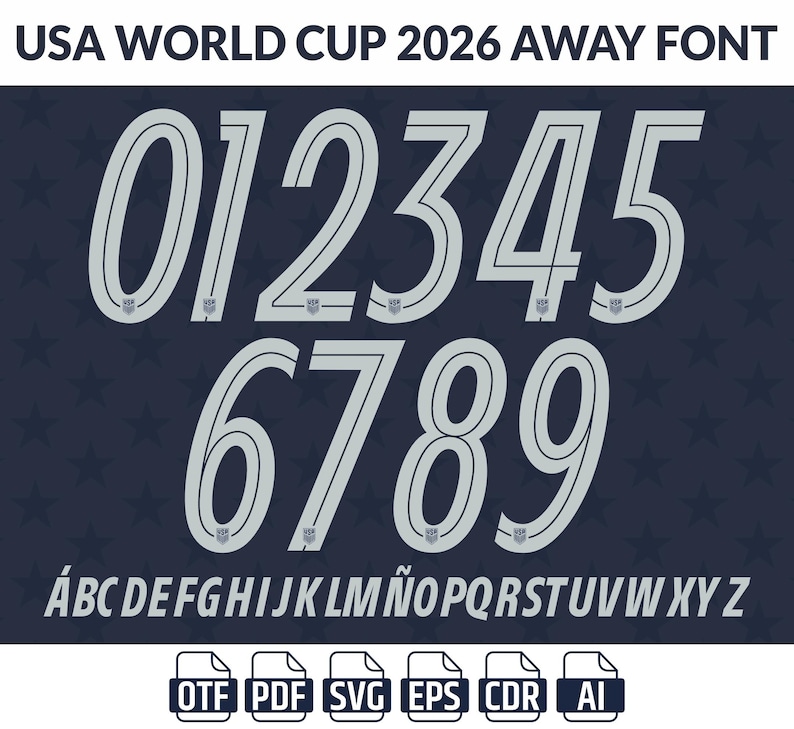 May include: A digital graphic of the USA World Cup 2026 Away Font. The numbers 0 through 9 and the alphabet are displayed in a light gray color with a dark gray outline. The background is dark blue with white stars.