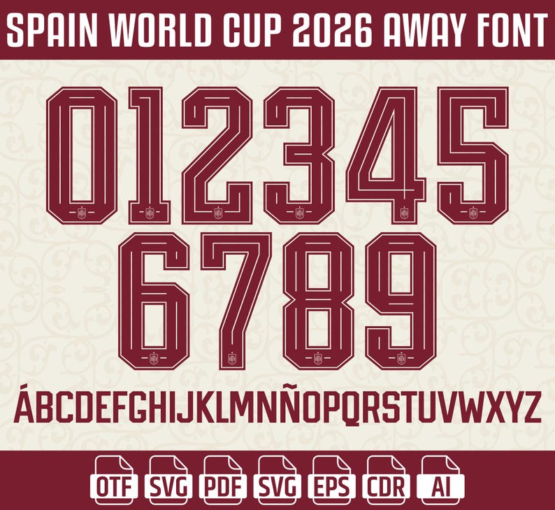 Op de afbeelding: Een bordeauxrode lettertype set voor het Spanje World Cup 2026 uitshirt. De afbeelding toont de cijfers 0-9 en het alfabet, met bestandstype-pictogrammen onderaan. Het lettertype heeft een uniek, omlijnd ontwerp.