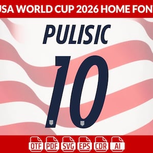 May include: A graphic design for the USA World Cup 2026 home font, featuring the name "PULISIC" and the number "10" in navy blue. The background has red and white stripes, with file type icons at the bottom.