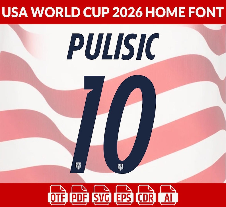 May include: A graphic design for the USA World Cup 2026 home font, featuring the name "PULISIC" and the number "10" in navy blue. The background has red and white stripes, with file type icons at the bottom.