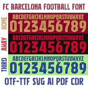Puede incluir: Fuente de fútbol del FC Barcelona en granate, negro y verde. La imagen muestra el alfabeto y los números 0-9 en tres combinaciones de colores diferentes, con las palabras "Home", "Away" y "Third" en el lado izquierdo.