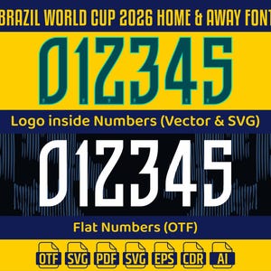 May include: A graphic with the text "BRAZIL WORLD CUP 2026 HOME & AWAY FONT" and the numbers "012345" in two styles. It also includes "Logo inside Numbers (Vector & SVG)" and "Flat Numbers (OTF)". File type icons are displayed at the bottom.