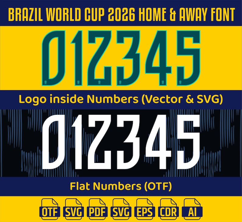 May include: A graphic with the text "BRAZIL WORLD CUP 2026 HOME & AWAY FONT" and the numbers "012345" in two styles. It also includes "Logo inside Numbers (Vector & SVG)" and "Flat Numbers (OTF)". File type icons are displayed at the bottom.