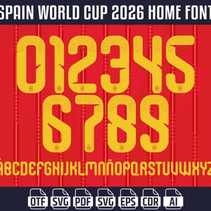Op de afbeelding: Een digitale lettertype set voor het thuisshirt van het Spaanse Wereldkampioenschap 2026. Het ontwerp toont gele cijfers en letters op een rode achtergrond met verticale strepen. Bevat de cijfers 0-9 en het alfabet.