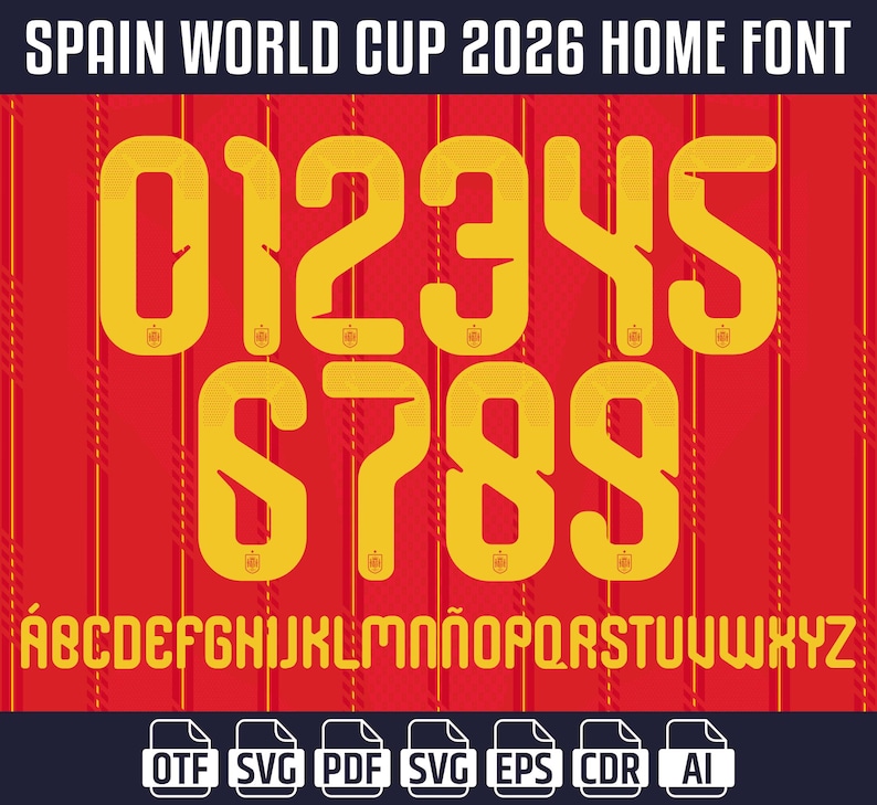 Op de afbeelding: Een digitale lettertype set voor het thuisshirt van het Spaanse Wereldkampioenschap 2026. Het ontwerp toont gele cijfers en letters op een rode achtergrond met verticale strepen. Bevat de cijfers 0-9 en het alfabet.