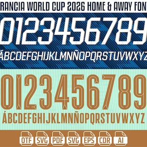 以下が含まれることがあります： 2026年フランスワールドカップのデジタルフォントセット。数字とアルファベットが2つの異なるスタイルで表示されています。上のスタイルは白に水色の縁取り、下のスタイルは茶色に薄茶色の縁取りです。ファイルタイプのアイコンも含まれています。