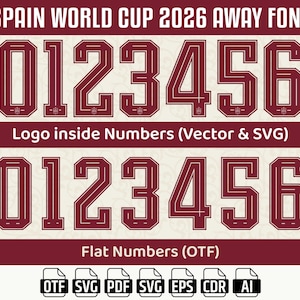 Op de afbeelding: Bordeauxrode en witte lettertypen voor het Spanje Wereldkampioenschap 2026. De afbeelding toont de cijfers 0 t/m 6 in twee verschillende stijlen, met de tekst "SPAIN WORLD CUP 2026 AWAY FONT" bovenaan. Pictogrammen voor bestandstypen worden onderaan weergegeven.