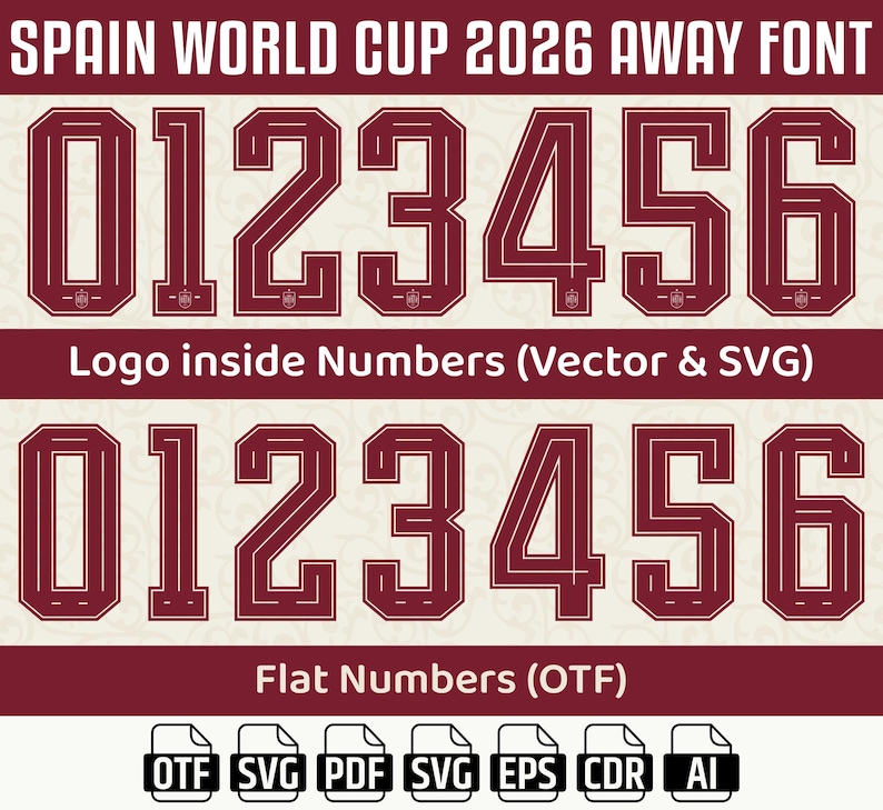Op de afbeelding: Bordeauxrode en witte lettertypen voor het Spanje Wereldkampioenschap 2026. De afbeelding toont de cijfers 0 t/m 6 in twee verschillende stijlen, met de tekst "SPAIN WORLD CUP 2026 AWAY FONT" bovenaan. Pictogrammen voor bestandstypen worden onderaan weergegeven.