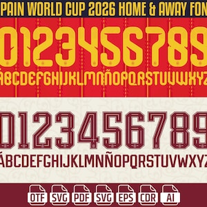 Spanien VM 2026 Typsnitt Hemma- och Bortatröja Namnset svg otf eps ai PDF Fotbollströja Namnnummer Cricut Digital Nedladdning