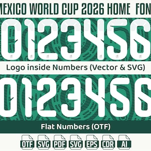 May include: A graphic showcasing a font for the Mexico World Cup 2026. The design features white numbers 0-6 with a textured interior, set against a green background. Text includes "MEXICO WORLD CUP 2026 HOME FONT" and file type icons.