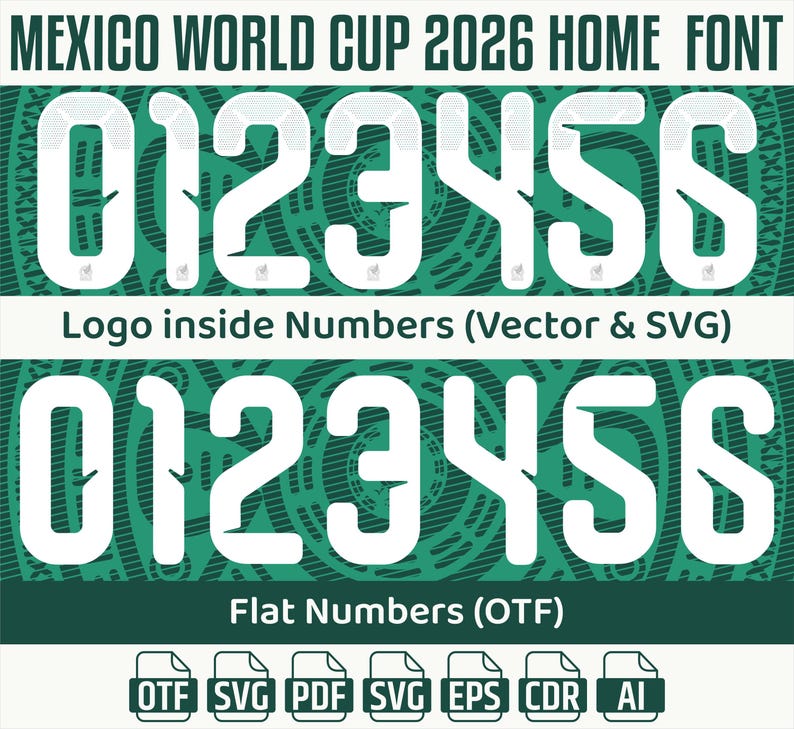 May include: A graphic showcasing a font for the Mexico World Cup 2026. The design features white numbers 0-6 with a textured interior, set against a green background. Text includes "MEXICO WORLD CUP 2026 HOME FONT" and file type icons.