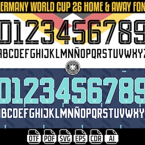 Op de afbeelding: Een digitale afbeelding met het lettertype Germany World Cup 26 Home & Away. Het bovenste gedeelte toont zwarte cijfers en letters met een Duitse vlag achtergrond. Het onderste gedeelte toont turquoise cijfers en letters. Bestandsformaten zijn inbegrepen.