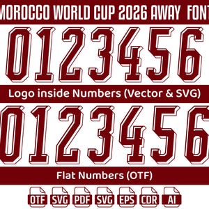 Puede incluir: Un conjunto de fuentes digitales titulado Morocco World Cup 2026 Away Font que presenta los n&uacute;meros del 0 al 6 en color rojo oscuro. La fila superior muestra n&uacute;meros con efecto 3D y logotipo en el interior, mientras que la fila inferior muestra n&uacute;meros planos. Formatos: OTF, SVG, PDF, EPS, CDR y AI.
