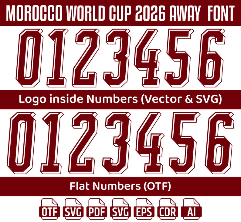 Puede incluir: Un conjunto de fuentes digitales titulado Morocco World Cup 2026 Away Font que presenta los n&uacute;meros del 0 al 6 en color rojo oscuro. La fila superior muestra n&uacute;meros con efecto 3D y logotipo en el interior, mientras que la fila inferior muestra n&uacute;meros planos. Formatos: OTF, SVG, PDF, EPS, CDR y AI.