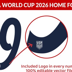 May include: A navy blue number 90 with the USA logo, part of the USA World Cup 2026 Home Font. The image includes the text "Included Logo in every number 100% editable vector files."