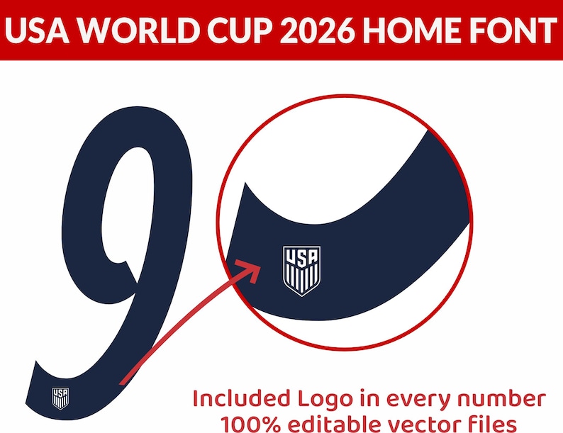 May include: A navy blue number 90 with the USA logo, part of the USA World Cup 2026 Home Font. The image includes the text "Included Logo in every number 100% editable vector files."