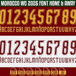 Puede incluir: Un conjunto de fuentes digitales titulado MOROCCO WC 2026 FONT HOME & AWAY que presenta dos series de n&uacute;meros del 0 al 9 y el alfabeto en may&uacute;sculas. El conjunto superior es dorado con borde rojo oscuro, el inferior es rojo oscuro.