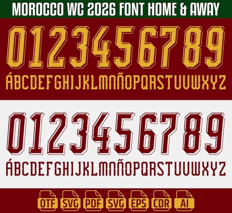 Puede incluir: Un conjunto de fuentes digitales titulado MOROCCO WC 2026 FONT HOME & AWAY que presenta dos series de n&uacute;meros del 0 al 9 y el alfabeto en may&uacute;sculas. El conjunto superior es dorado con borde rojo oscuro, el inferior es rojo oscuro.