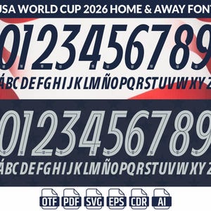 Pode incluir: Um design digital mostrando a fonte de casa e fora da Copa do Mundo de 2026 dos EUA. O design apresenta os números 0-9 e o alfabeto em letras maiúsculas. A fonte superior é azul marinho, e a fonte inferior é cinza claro. Os formatos de arquivo incluem OTF, PDF, SVG, EPS, CDR e AI.