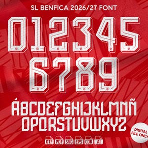 Peut inclure: Un ensemble de polices numériques intitulé SL BENFICA 2026/27 FONT présentant des chiffres 0-9 et des lettres majuscules A-Z de style bloc blanc avec une finition texturée. Les caractères sont affichés sur un fond rouge avec des icônes.