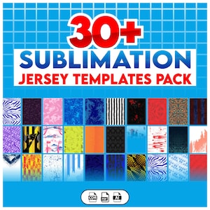 Op de afbeelding: Een blauwe rasterachtergrond met de tekst "30+ Sublimation Jersey Templates Pack" in wit en rood. De afbeelding toont 24 sjablonen voor jersey-ontwerpen met diverse patronen en kleuren.