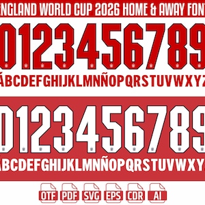 Könnte beinhalten: Rotes und weißes Schriftartenset für die England World Cup 2026. Das Bild zeigt die Zahlen 0-9 und das Alphabet in Großbuchstaben, mit einem Home- und Away-Schriftstil. Dateiformate sind OTF, PDF, SVG, EPS, CDR und AI.