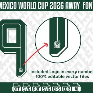 May include: A dark green number nine, part of the Mexico World Cup 2026 Away Font, with a detailed close-up of the jersey's design. The design includes the Mexico logo and the text "Included Logo in every number 100% editable vector files."
