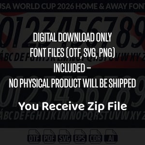 May include: Digital download font files for the USA World Cup 2026 Home & Away font. The image shows the numbers 0-9 in a bold, outlined style. Text includes "DIGITAL DOWNLOAD ONLY" and "FONT FILES (OTF, SVG, PNG) INCLUDED".