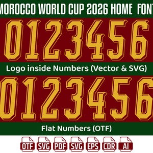 Puede incluir: Un conjunto de fuentes digitales titulado MOROCCO WORLD CUP 2026 HOME FONT que presenta n&uacute;meros dorados del 0 al 6 con efecto 3D y versiones planas. El texto incluye Logo inside Numbers (Vector & SVG) y Flat Numbers (OTF) con iconos de archivos para OTF, SVG, PDF, EPS, CDR y AI.