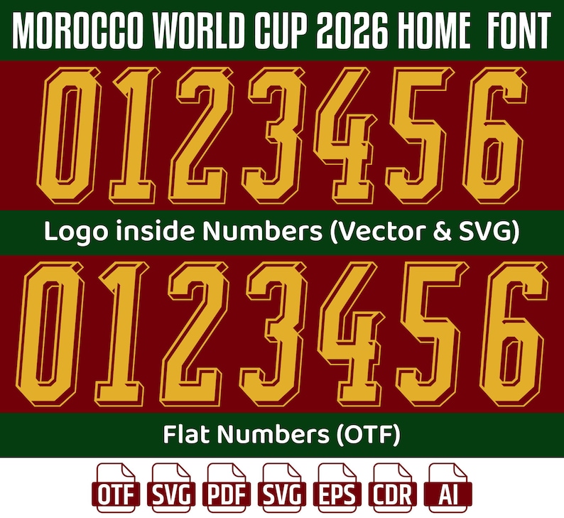 Puede incluir: Un conjunto de fuentes digitales titulado MOROCCO WORLD CUP 2026 HOME FONT que presenta n&uacute;meros dorados del 0 al 6 con efecto 3D y versiones planas. El texto incluye Logo inside Numbers (Vector & SVG) y Flat Numbers (OTF) con iconos de archivos para OTF, SVG, PDF, EPS, CDR y AI.