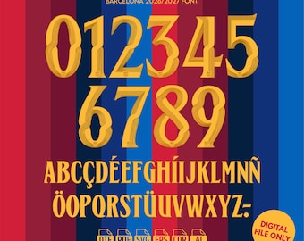 Tipografía de la camiseta del Barcelona para la Liga de Campeones 2026-27, conjunto de nombres de fútbol, kit de números de fútbol