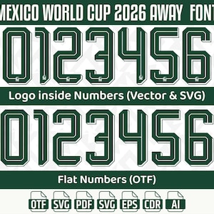 May include: A digital design featuring the text "MEXICO WORLD CUP 2026 AWAY FONT" and the numbers 0 through 6 in a green and white font. The design includes the text "Logo inside Numbers (Vector & SVG)" and "Flat Numbers (OTF)".