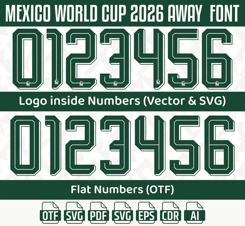 May include: A digital design featuring the text "MEXICO WORLD CUP 2026 AWAY FONT" and the numbers 0 through 6 in a green and white font. The design includes the text "Logo inside Numbers (Vector & SVG)" and "Flat Numbers (OTF)".